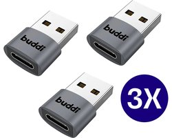 Buddi Ease | USB-C naar USB-A Adapter | (3x) Triple Pack | OTG | Converter | Koppelstuk | Tussenstuk | 480 Mbps gegevensoverdracht | 12W Opladen | Werkt ook met Apple CarPlay & Android Auto | Grijs
