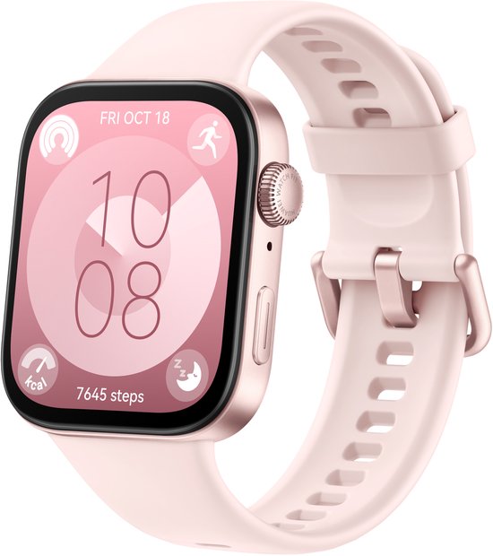Roze smartwatch met gouden kast en display waarop 10:08 staat. Het roze bandje is zichtbaar.
