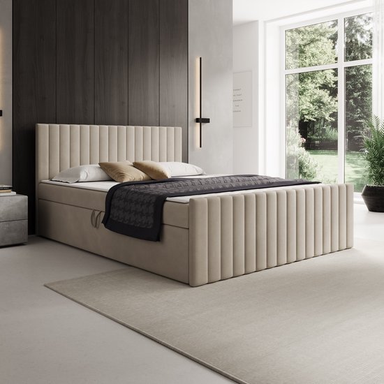 Meubella - Tori - Boxspring met opbergruimte - Stof beige - 160x200 cm