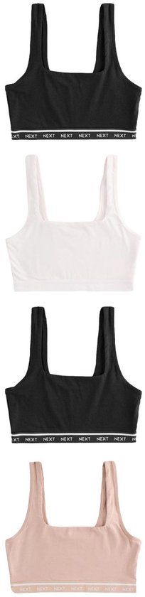 Set van vier cropped beha's in zwart, wit en roze met 'NEXT' logo op de elastische band.
