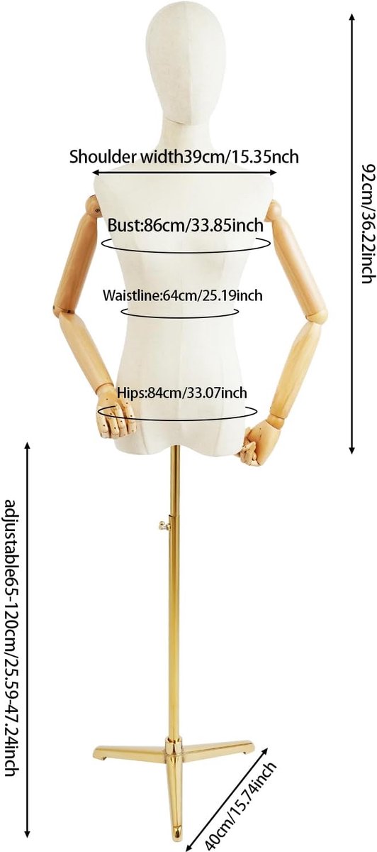 Vrouwelijke Etalagepop - Kledingpop Lichaam - Kleding Presenteren - Flexibele Armen - 157 cm - 215 cm - Goud — afbeelding 5