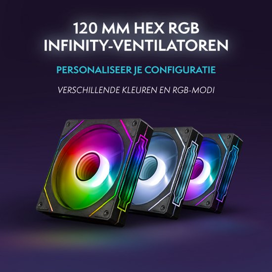 Drie 120mm RGB-ventilatoren met veelkleurige verlichting.