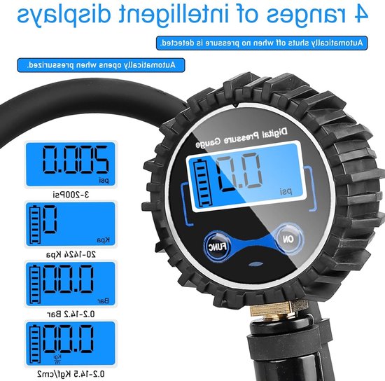 Digitale Bandenpomp met Drukmeter, Nauwkeurige Luchtdrukmeter tot 200 — afbeelding 3