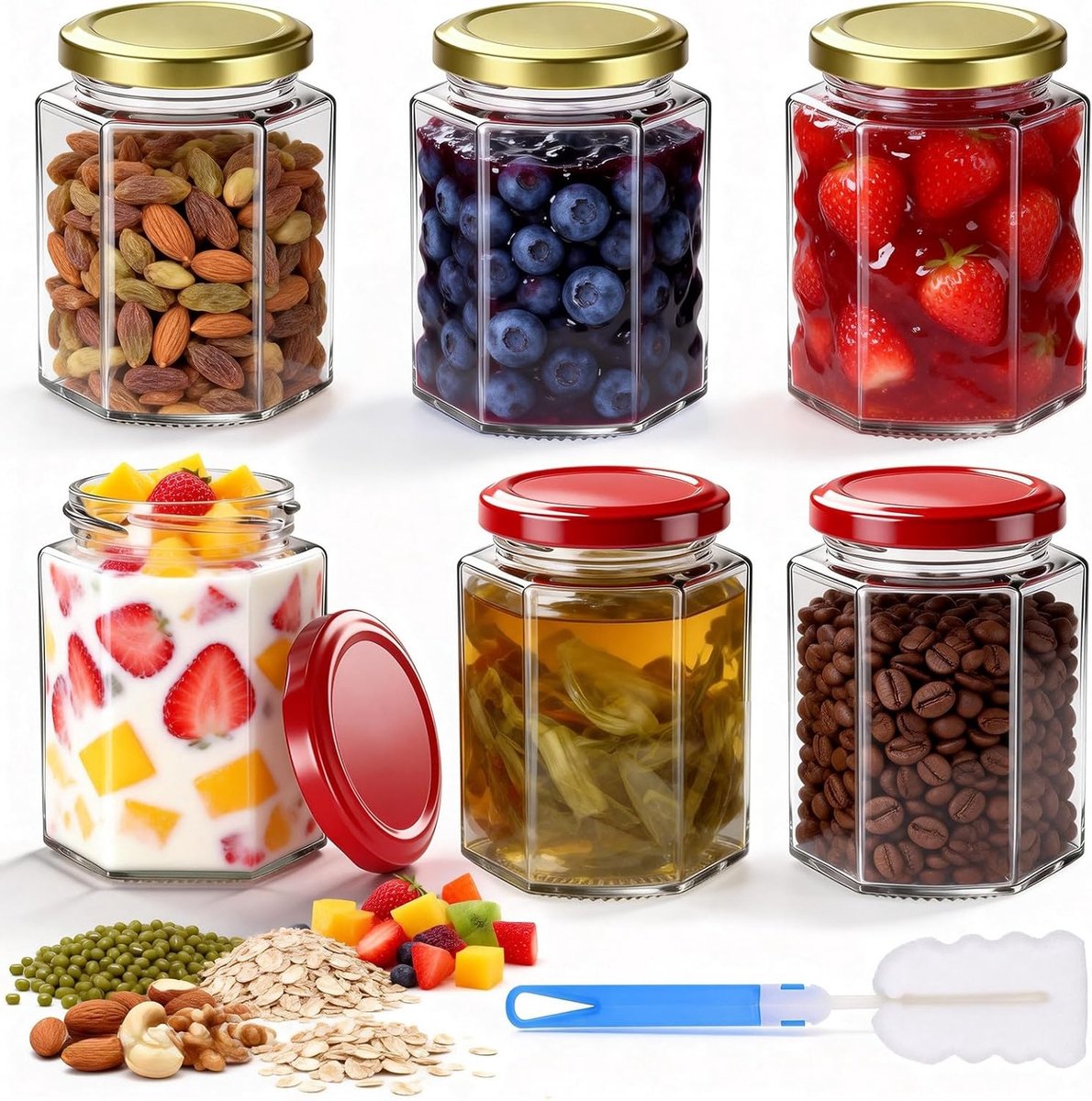 Set van 6 luchtdichte hexagonale jampotjes van 280ml - Ideaal voor jam, honing en sauzen