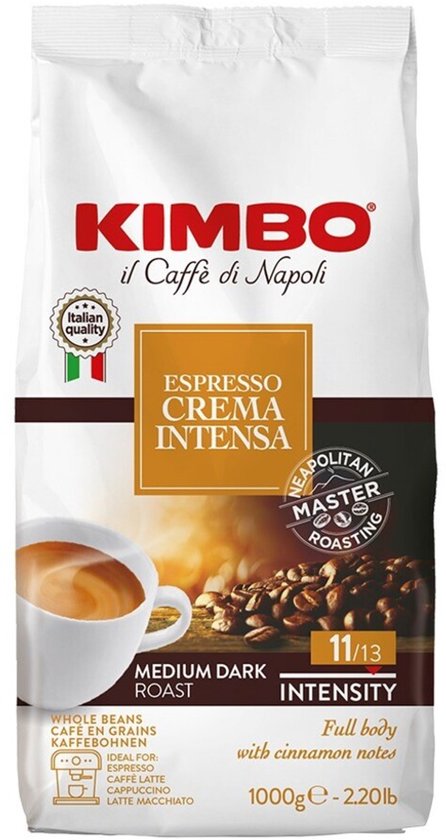 Kimbo Espresso Crema Intensa, 1000g hele bonen, medium dark roast, met kaneeltonen.