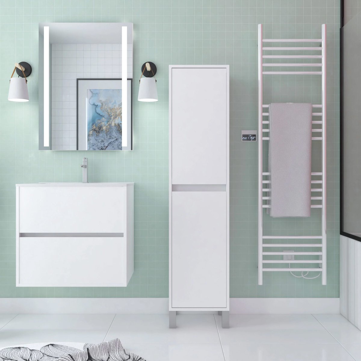 Colonne de rangement Blanc Laqué sur Pieds - Hauteur 160 cm - 2 Portes - XENOS