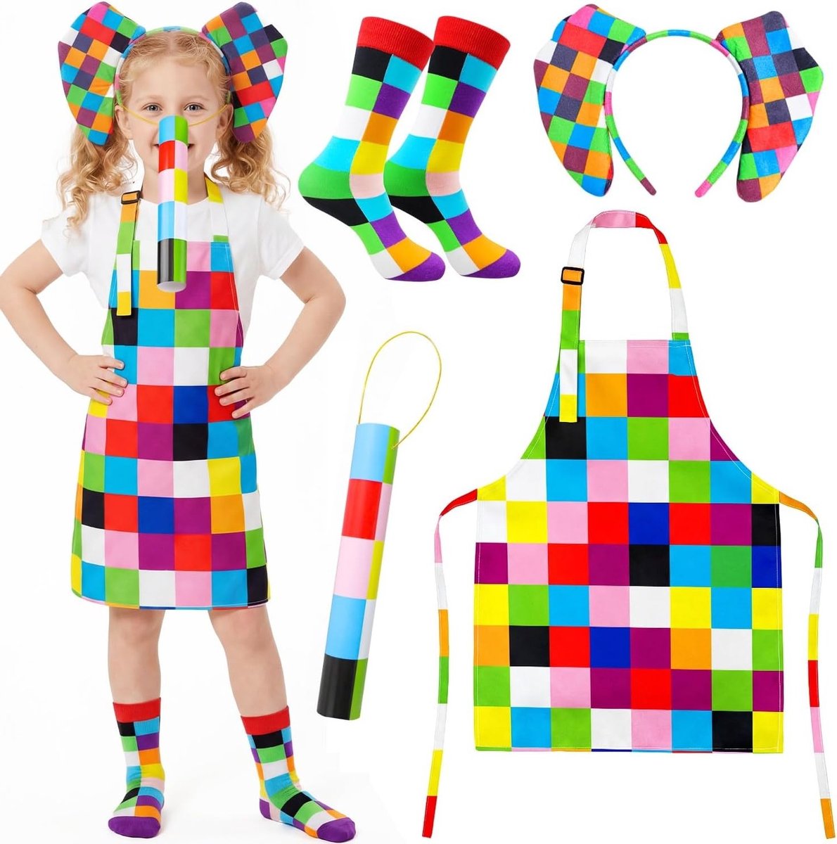 Kleurrijk Olifant Kostuum voor Kinderen - Patchwork Outfit met Schort, Oren en Sokken voor Boekendag en Verkleedfeestjes