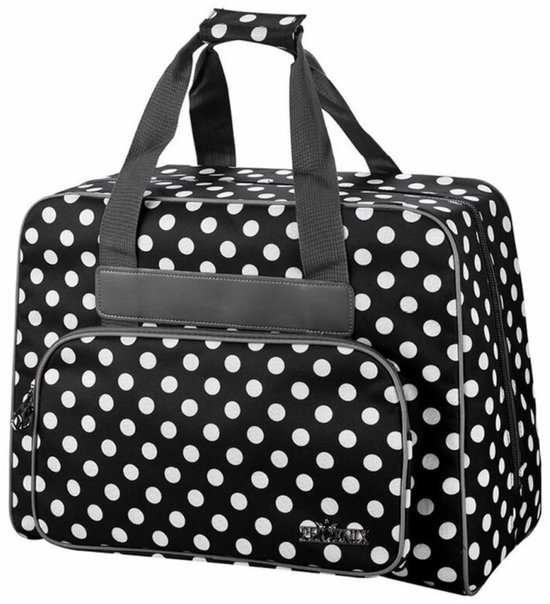 Zwarte tas met witte polkadots, met hengsels en voorvak.