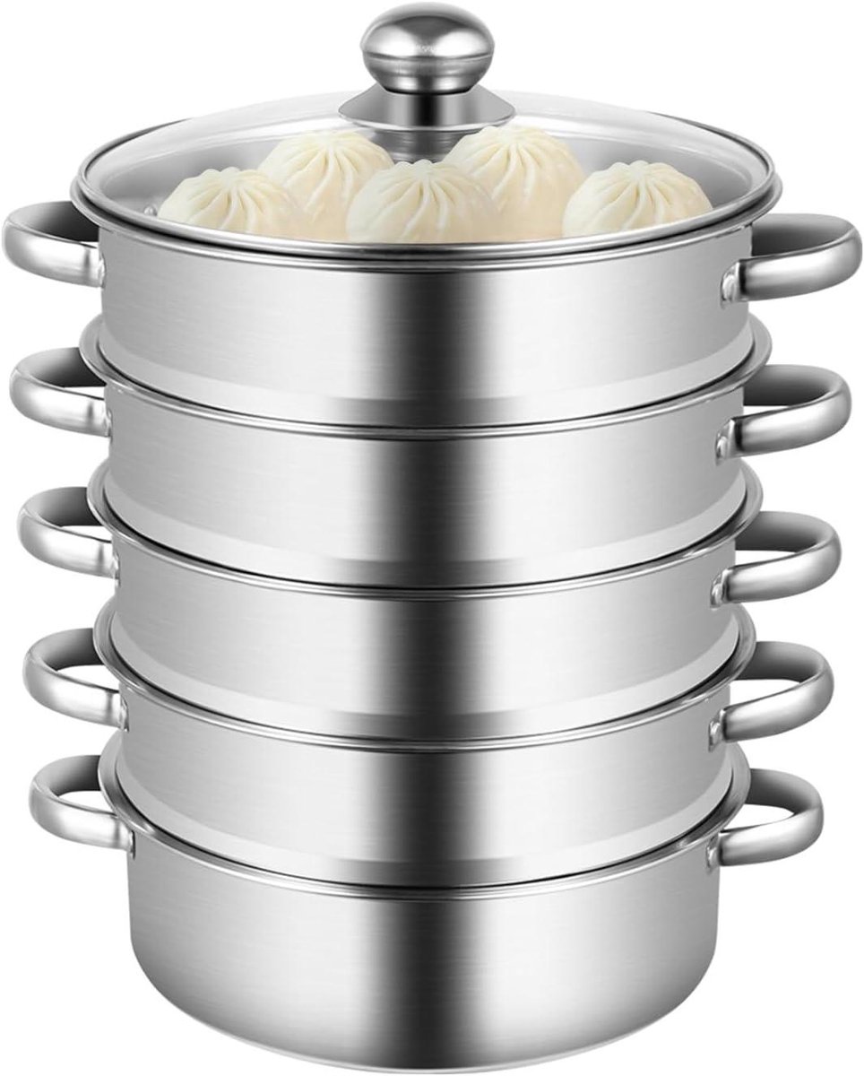RVS Stoompan - Stoomkoker Groenten - Gezond Koken - 5 Lagen Stapelbaar - 30 cm - Zilver