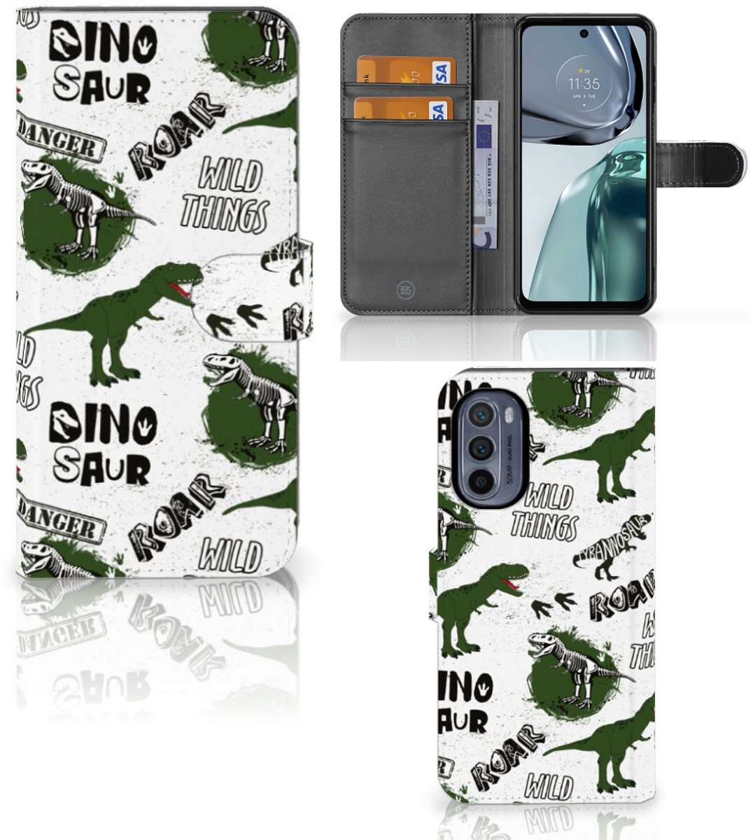 Telefoonhoesje met Pasjes voor Motorola Moto G62 5G Dinosaurus