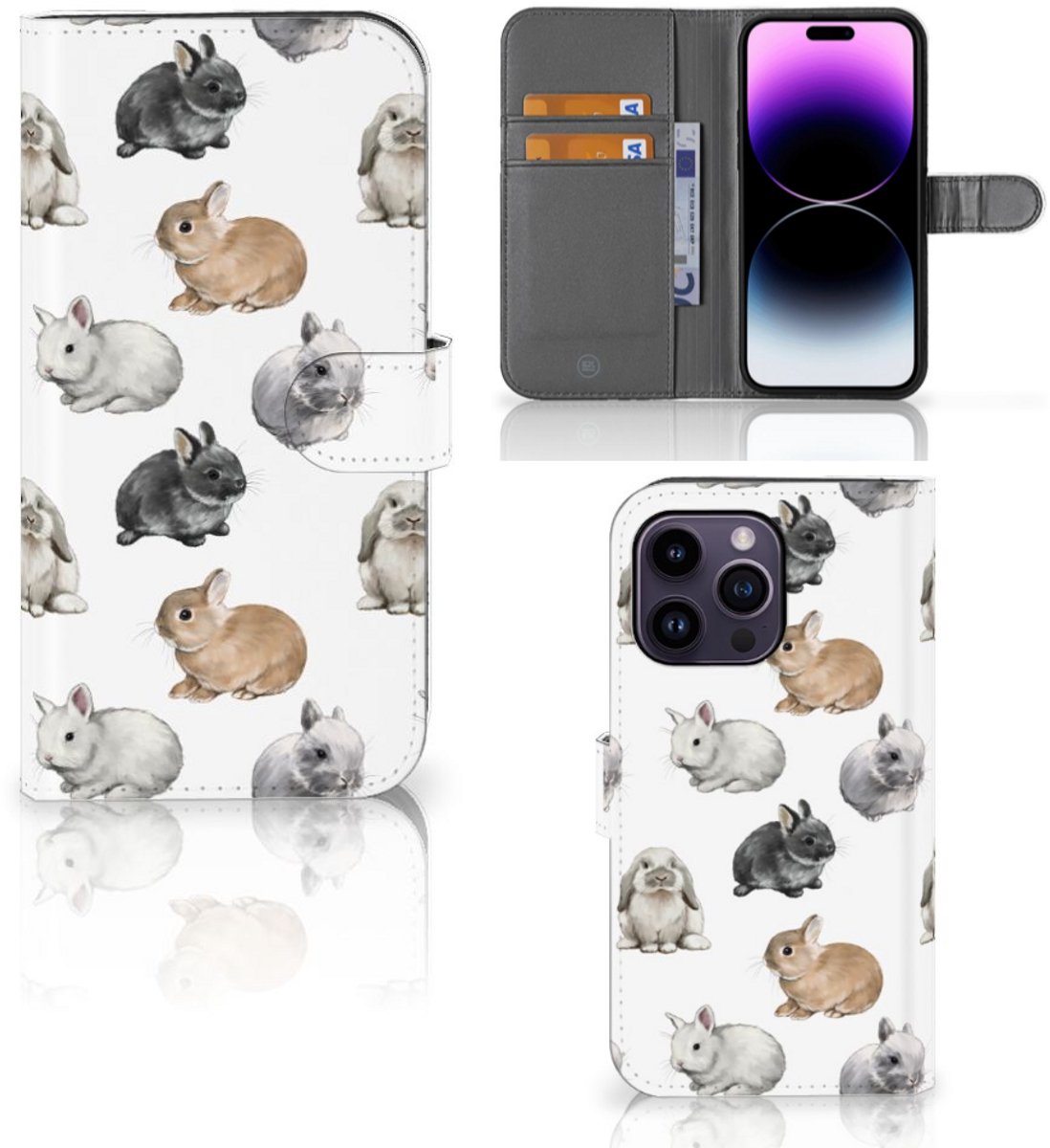 Book Case voor Telefoonhoesje met Pasjes voor iPhone 15 Pro Max Konijntjes