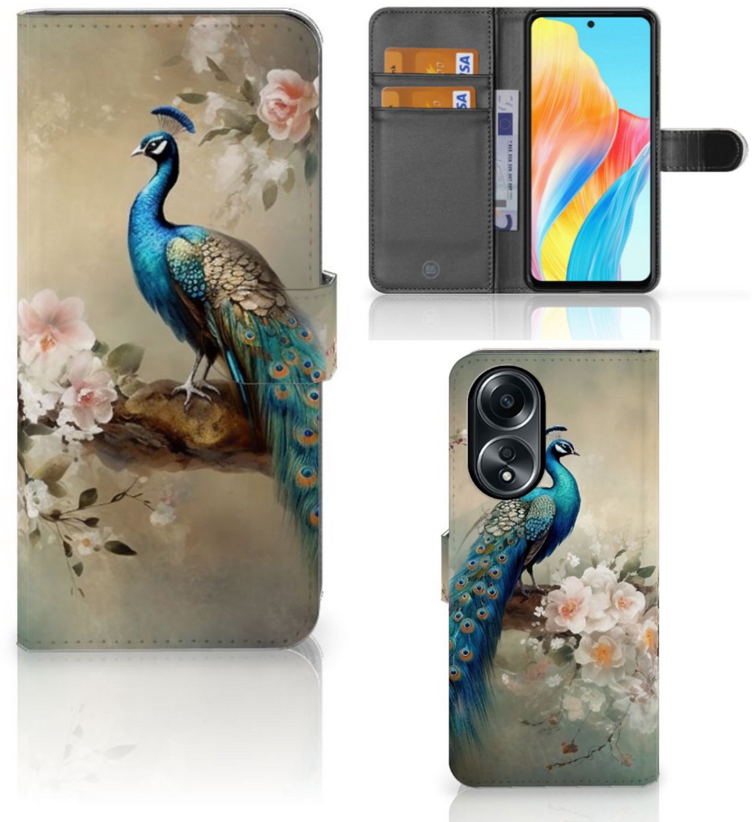 Telefoonhoesje met Pasjes voor OPPO A58 4G Vintage Pauwen
