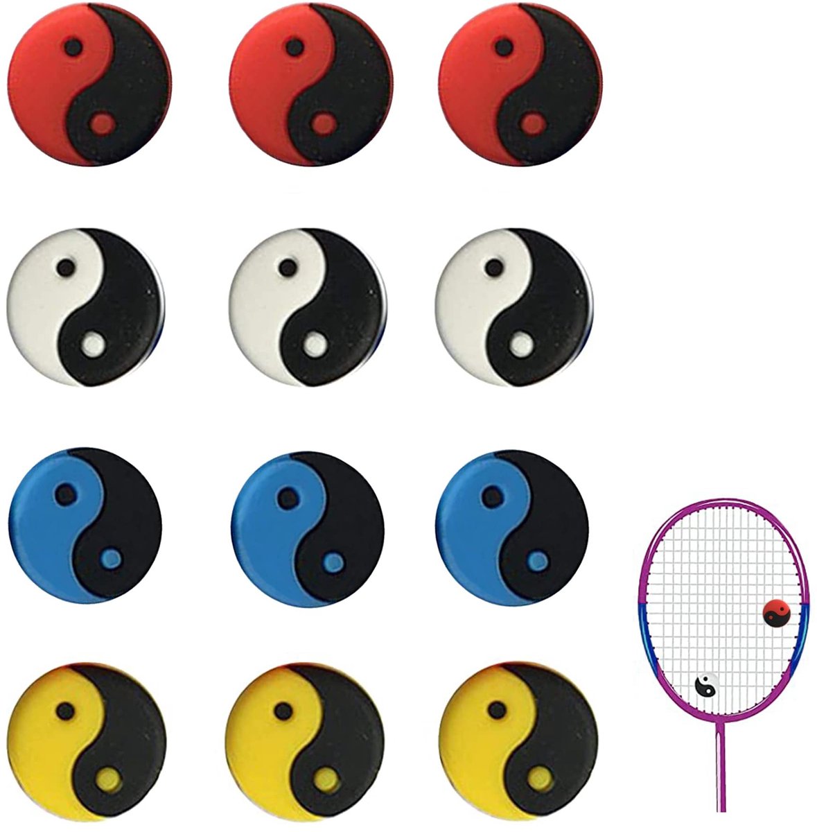 Brenzoos - Tennis Racket Shock Absorber - Vibration Reducer - Silicone - 12 Stuks - Vermijd Tenniselleboog - Geschikt voor Squash Rackets - 4 Kleuren
