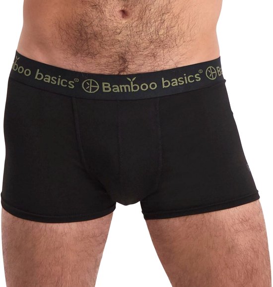 Zwarte bamboe boxershort met de naden zichtbaar, en de elastische band met 'Bamboo Basics' logo.