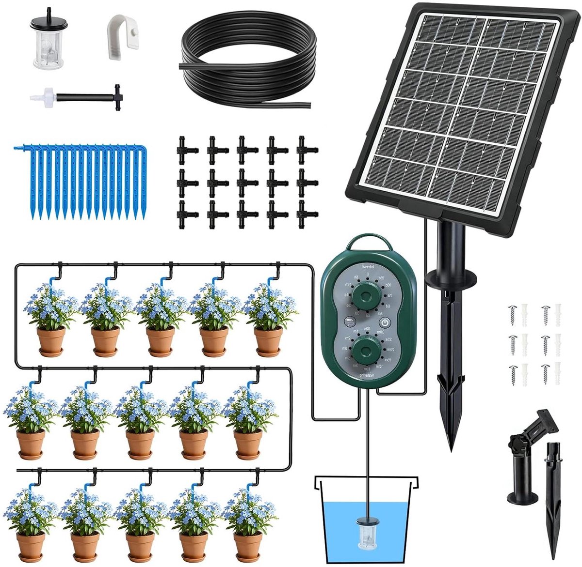 Zonne-irrigatiesysteem - Automatische bewatering - Planten verzorgen - 132 irrigatiemodi - 15 meter slang - Zwart