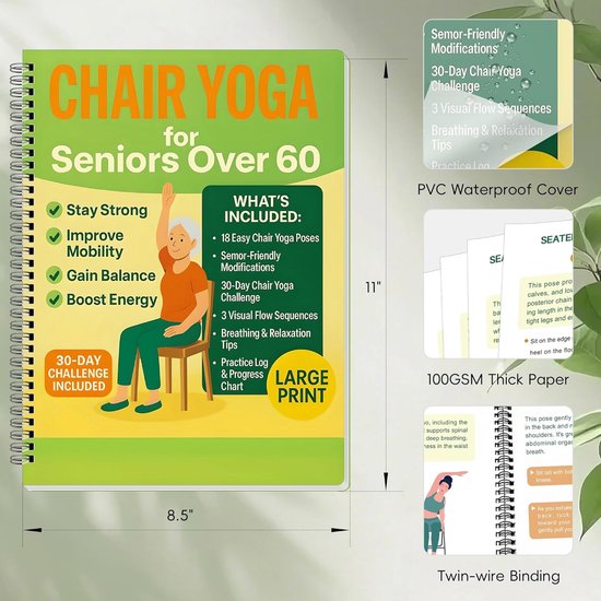 Yoga Stoel Gids - Stoel Yoga Boek - Senior Fitness - 30 Dagen Uitdaging - 8.5 X 11 Inch - Groen — afbeelding 5
