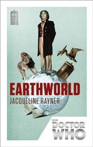 Boekomslag met de titel EARTHWORLD. Een mannelijk figuur staat op een aardbol met een leeuw, piramides en een TARDIS.