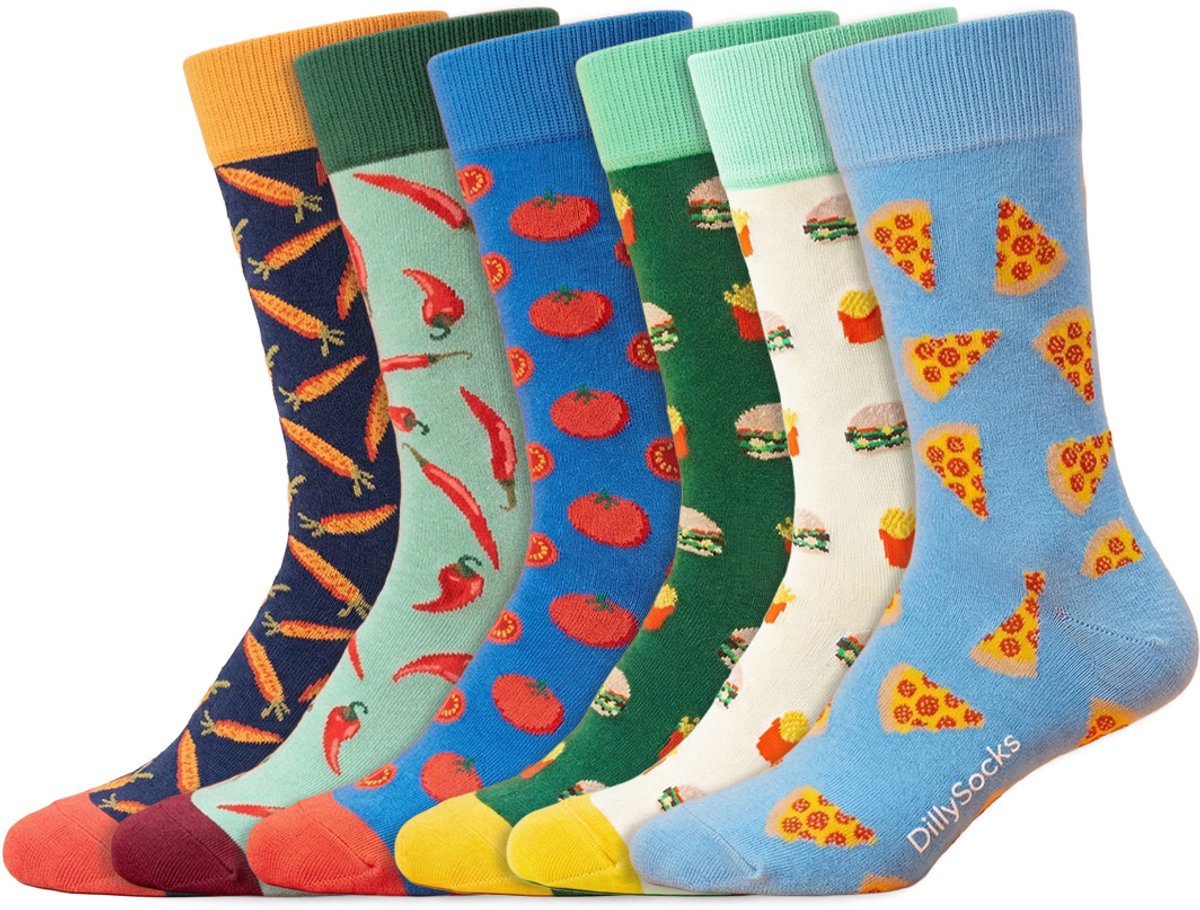 DillySocks – Eten pakket – 6 Paar Sokken – Dames & Heren - Maat 36-40 – Biologisch katoen – Oeko-Tex Standard 100