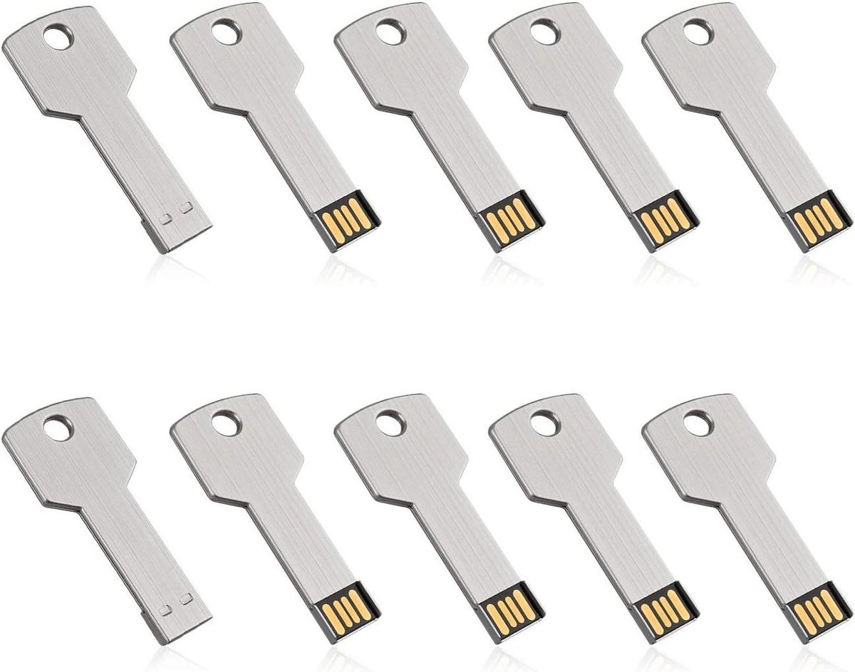 USB Flash Drives - Geheugensticks Gegevensopslag - Bestanden Opslaan Overzetten - Metalen Sleutelvorm - 10 Stuks 2 GB - Zilver
