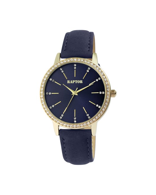 Gouden horloge met blauwe wijzerplaat, bezet met steentjes en een donkerblauwe band.