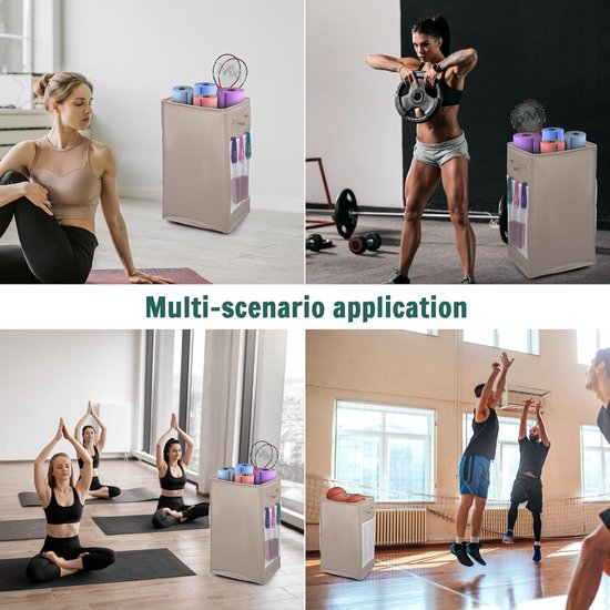 Yogamat opbergrekken, opbergrek voor thuisgymnastiek met wielen, yogamathouder aan de zijkant 2 gaasvakken, yogamand voor 4 yogamatten, 2 schuimrollers, 6 weerstandsbanden (kaki) van Yogamat — afbeelding 3