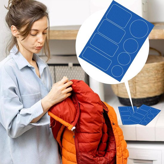 16 stuks donsjack patches, zelfklevende nylon reparatiepleister, mix maten ronde en rechthoekige waterdichte kleefband voor jas, tent, slaapzakken, skibroek, gaten repareren - blauw — afbeelding 2