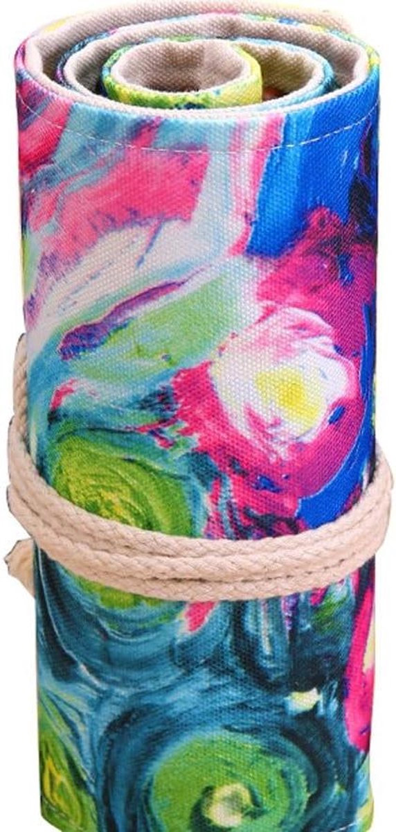Potloodwikkel - Potlood etui - Potloden opbergen - Handgemaakte zeildoek - 48 gaten - Inkt kleuring