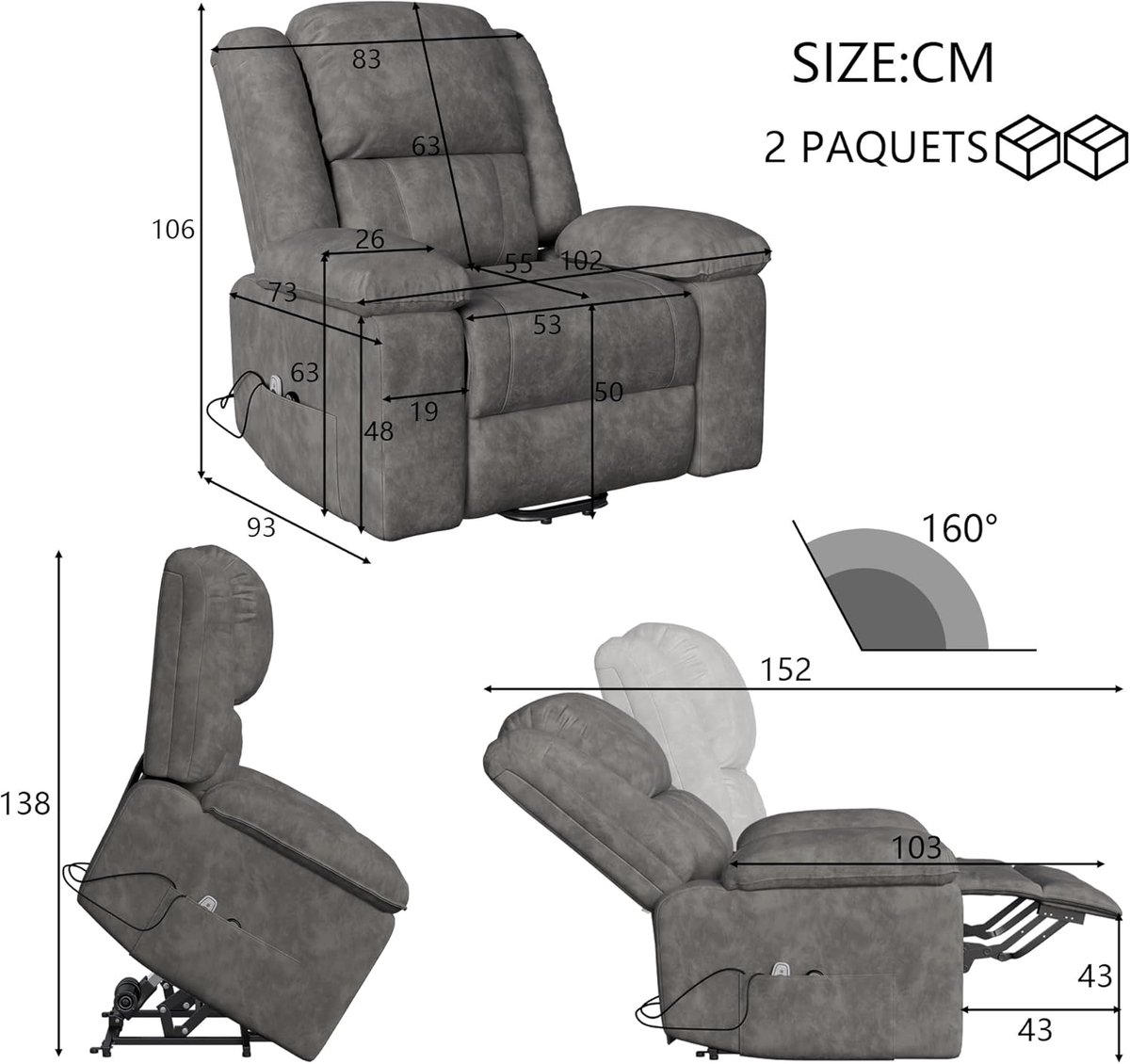 Elektrische Stoel - Relaxfauteuil Opstahulp - Comfortabel Ontspannen - Met Massage Warmte - 93 x 102 x 106 cm - Donkergrijs – foto 7