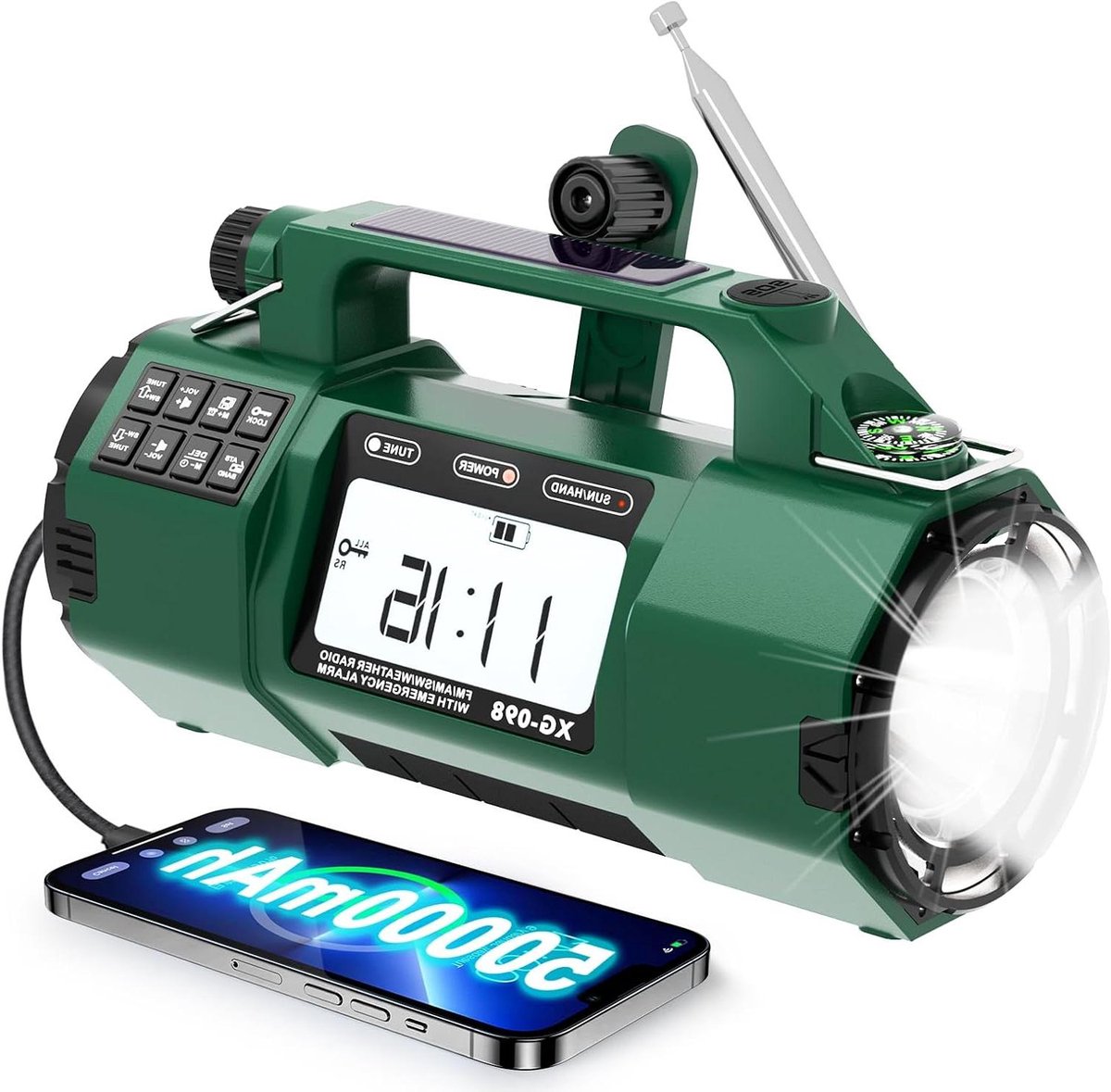Noodradio - Weerradio Handsfree - Veiligheid Buiten - Oplaadbaar Zonne-energie - 5000 mAh - Groen