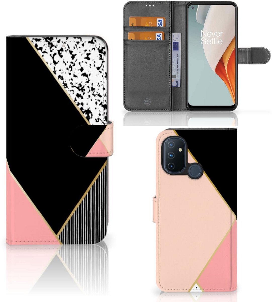 OnePlus Nord N100 Book Case Zwart Roze Vormen