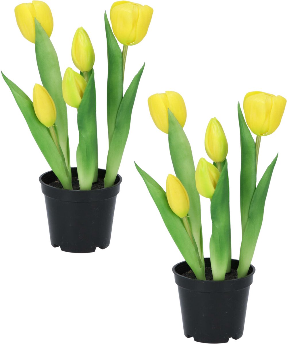DK design Kunst tulpen Holland in pot - 2x stuks - geel - real touch - 26 cm - levensechte kunstbloemen
