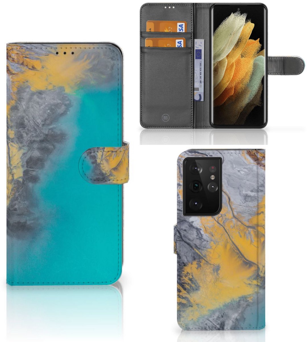Boekhoesje voor Samsung Galaxy S21 Ultra Bookcase Marble Blue Gold