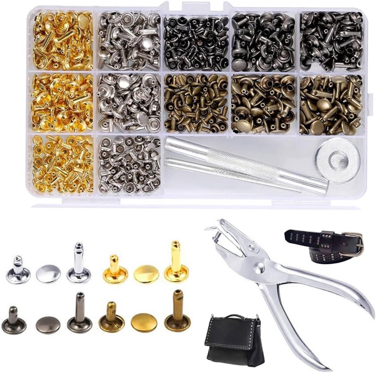 Complete Set van 180 Stuks Metalen Rivetten voor Leer, Dubbele Kappen, Inclusief Rivet- en Gatenpons, Geschikt voor Kleding en Leerbewerking
