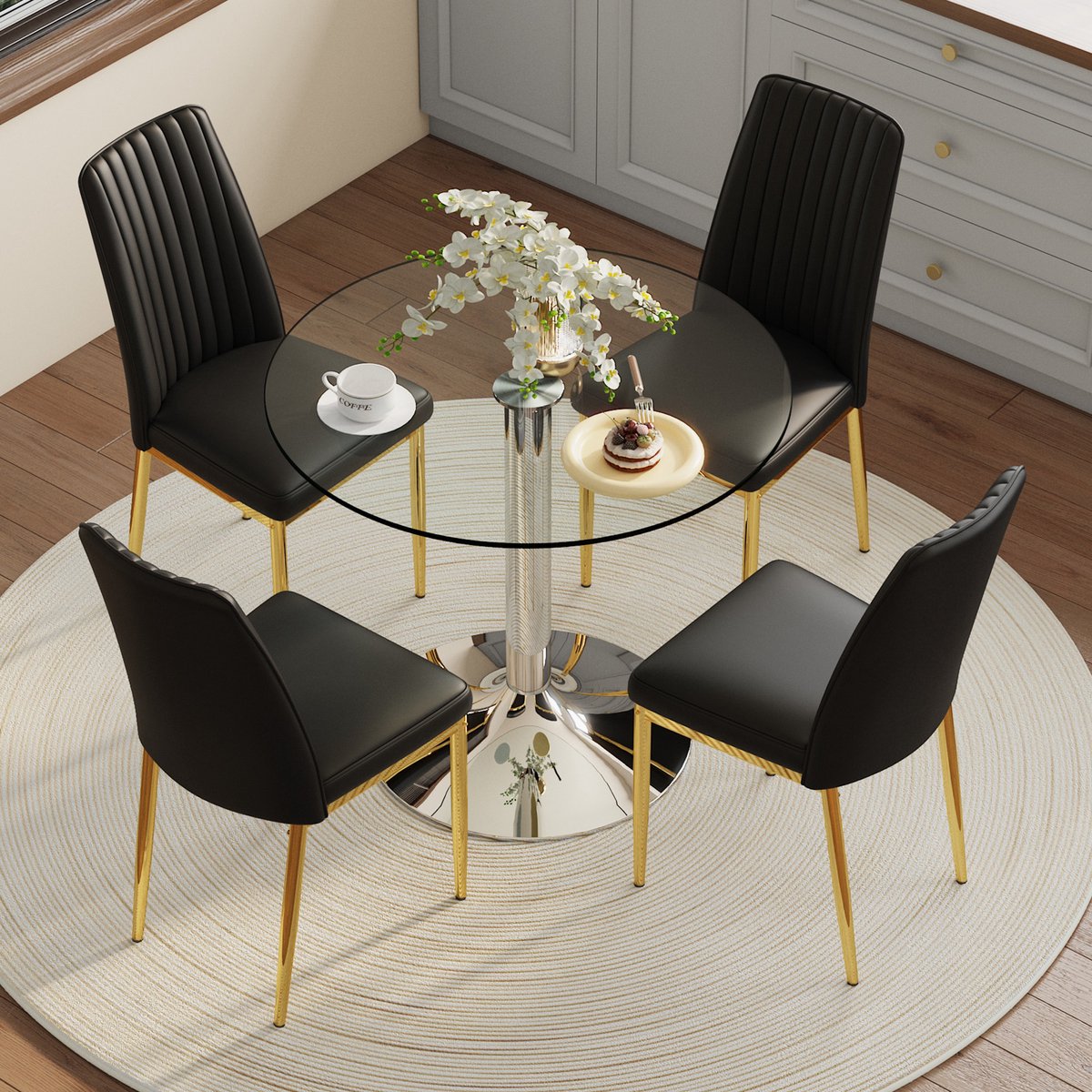 STILVORA Eettafelset 85 Cm - Ronde Glazen Tafel Met 4 Stoelen - Voor Keuken En Eetkamer - Glas En Metaal - Zwart