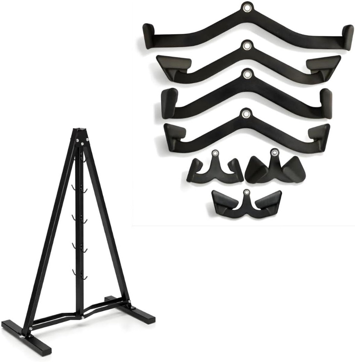 Kabel Accessoires Set - Fitness Attachments - Full Body Krachttraining - 7 Delige Multi Grip - A-Frame Rek - Zwart