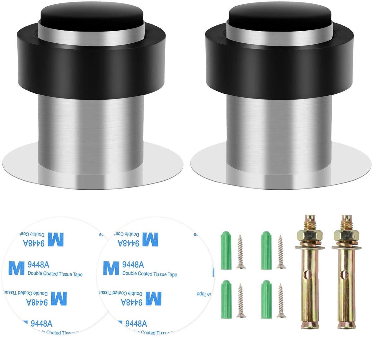 MTTproducts- Deurstoppers Waterdicht - Deurstopper Zwart - Deurstopper voor Binnen/Buiten - Schokbestendig - Roestvrij Staal - Inclusief Schroeven/Plakstrip