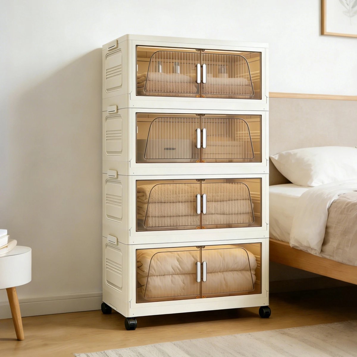 Dailygoods 3/4-laags stapelbare opvouwbare opbergbox met wielen, rollende opbergkast, transparante plastic organizer voo
