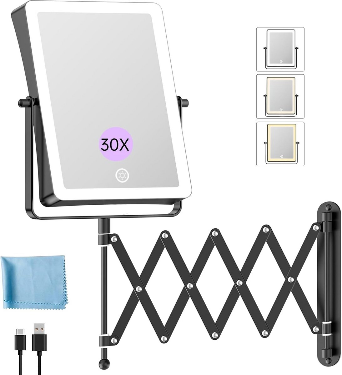 Oplaadbare LED make-upspiegel - 20 cm - dubbelzijdig - 1x/30x vergroting - dimbare verlichting - 3 kleurtemperaturen - 360° draaibaar