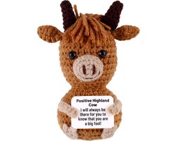 TOYMIS Positieve Hooglanderkoe, 11cm Handgebreide Haakpop Emotioneel Dier met Positieve Kaart als Inspirerend en Opbeurend Cadeau voor Thuis op het Bureau voor Een Verjaardagsfeestje en Als Decoratie