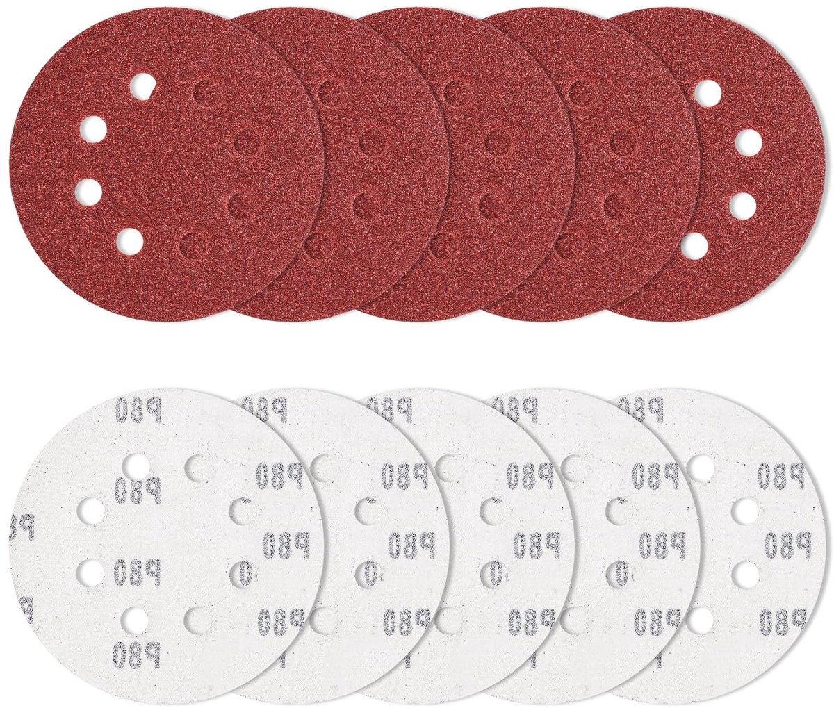 Verpakkingsset van 10 Schuurpapier, 125 mm, 80 Korrelgrootte, Ronde Schuurbladen met 8 Gaten voor Ontbramen en Schuren van Solderpunten