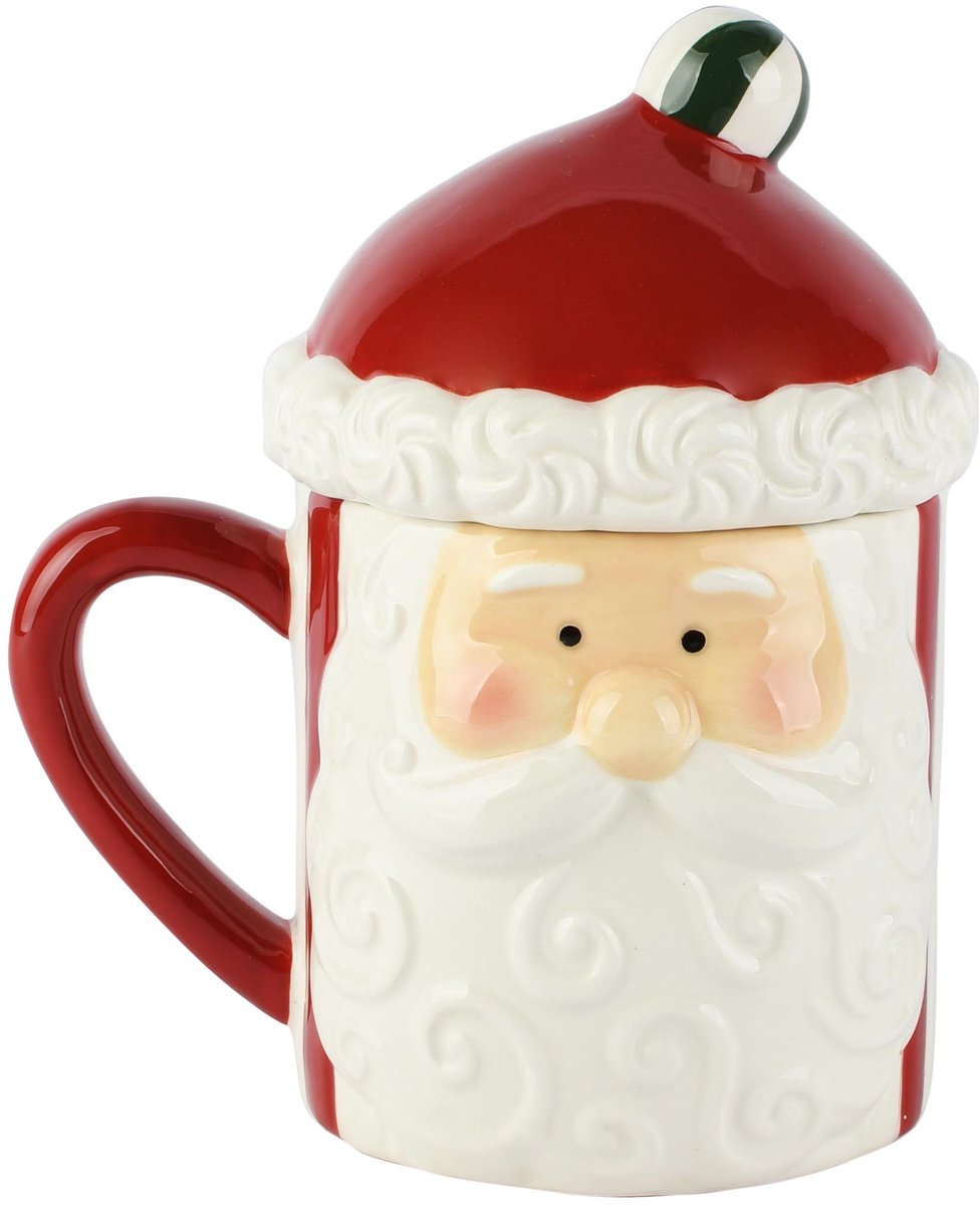 Dekoratief | Mok m/deksel 'Santa', rood/wit, dolomiet, 14x11x17cm | A265658