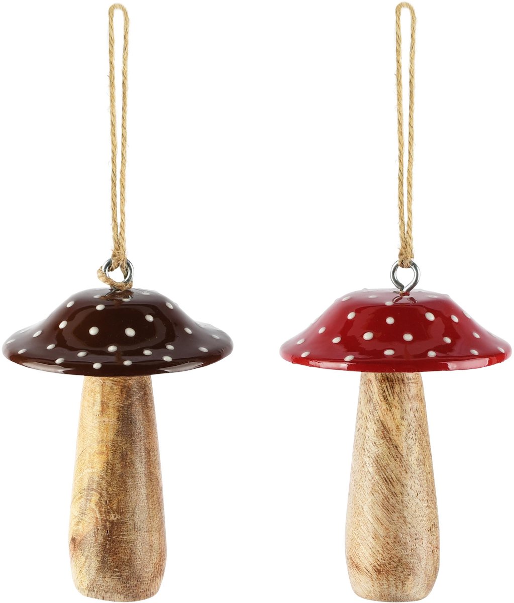 Dekoratief | Hanger paddenstoel, rood/bruin/naturel, hout, 7x7x10cm, set van 2 stuks | A268067