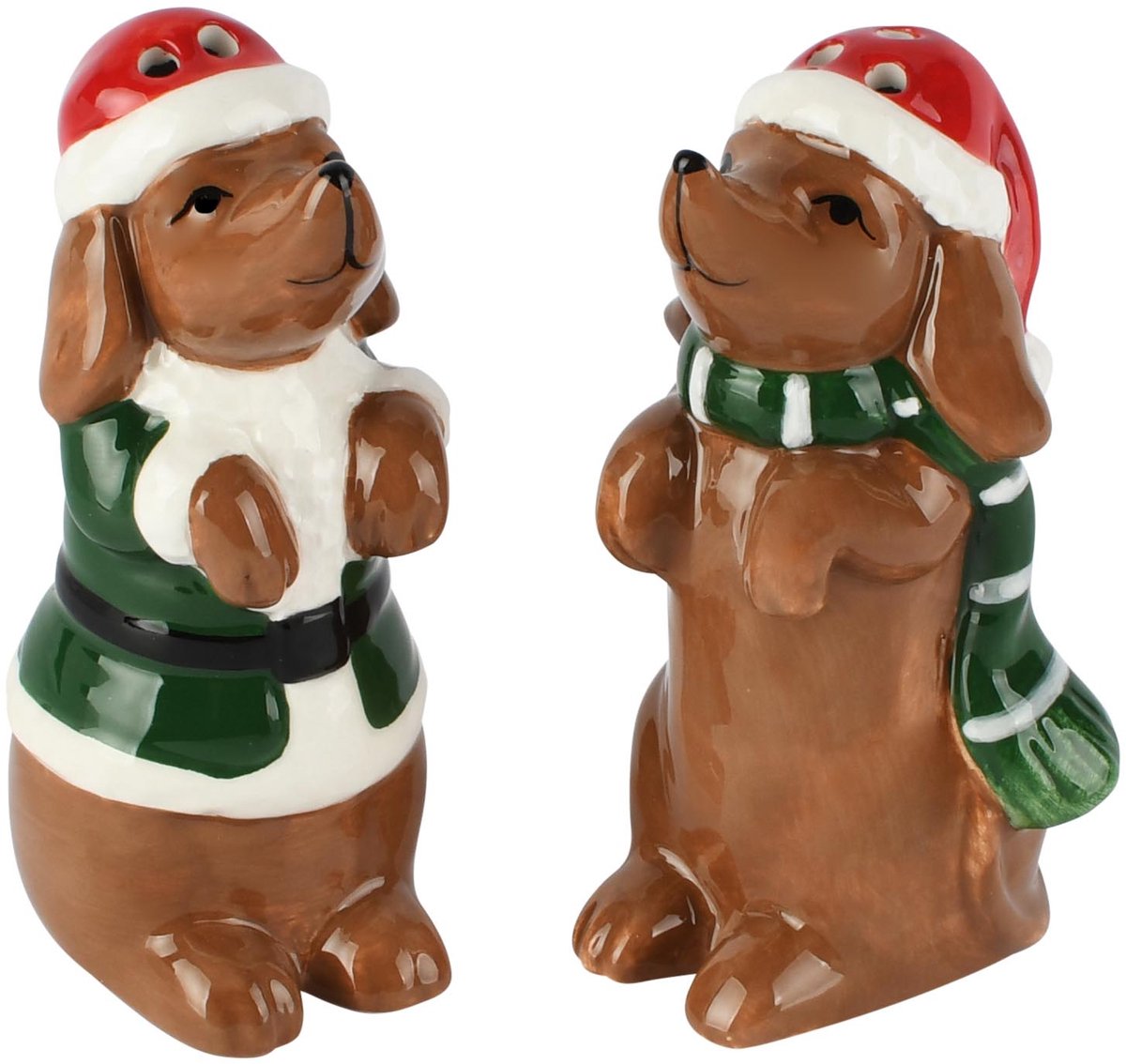 Dekoratief | Duo peper/zout kersthond, bruin/groen, keramiek, 5x4x9cm | A265366