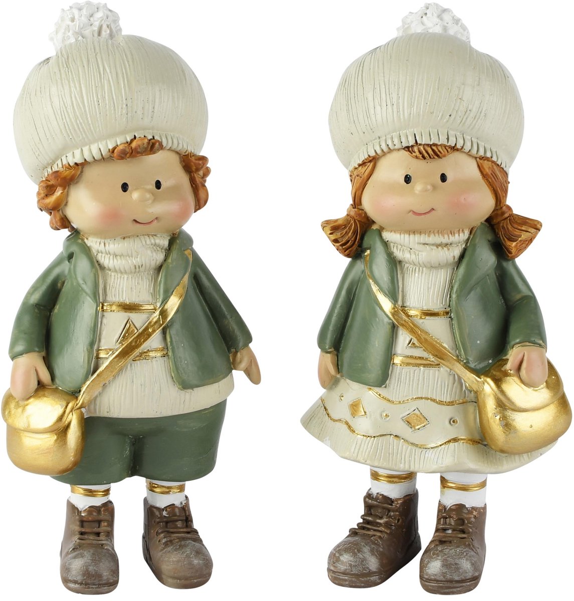 Dekoratief | Winterkindje staand, groen/wit/goud, resina, 7x5x15cm, set van 2 stuks | A265132