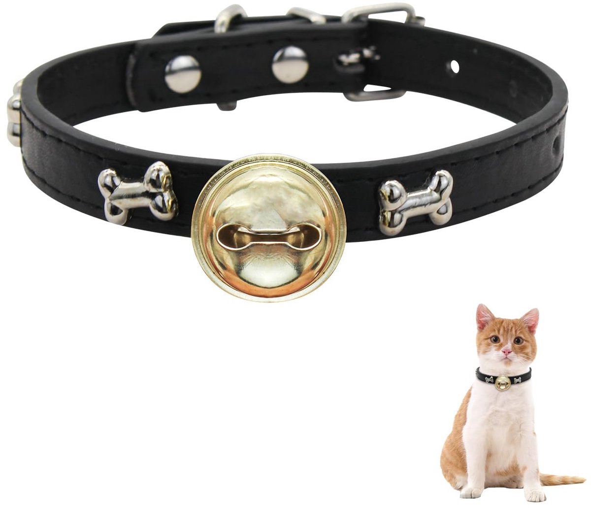Cosensi- Kattenhalsband verstelbaar 24-32 cm - PU-leer met bel - Metalen gesp - Botpatroon - Lichtgewicht 18 gram - Zwart/pink - Halsband