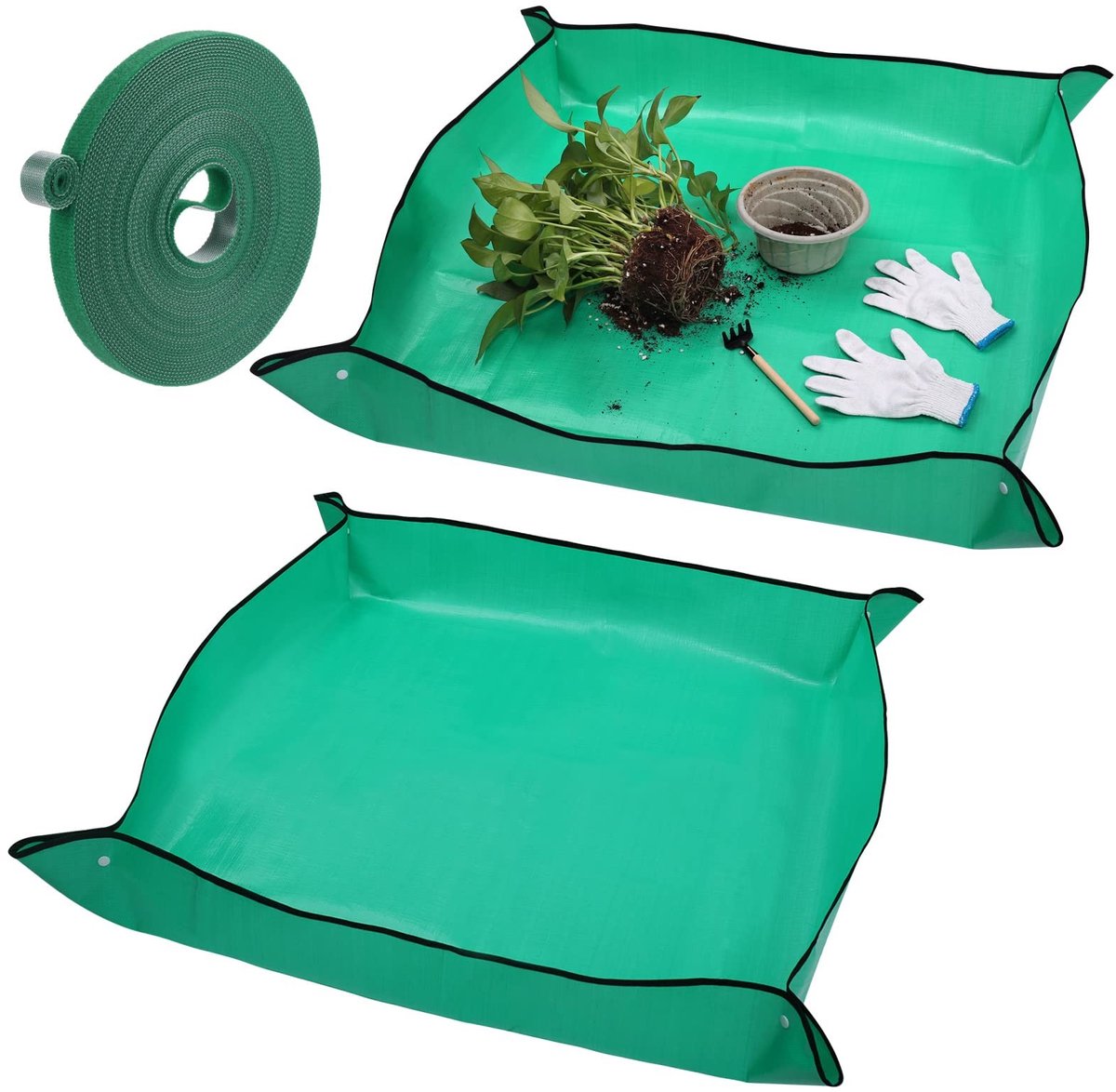 Cosensi- Verpottingsmat Waterdicht - 2 Stuks - Tuinmat 100x100cm - Inclusief Groene Plantenband 10m x 10mm - Hoogwaardig PE - Duurzaam