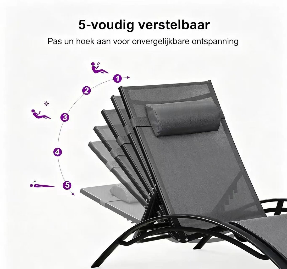 Purple Leaf Aluminium ligbedden met kussen extra groot - Set van 2 met bijzettafel - Grijs