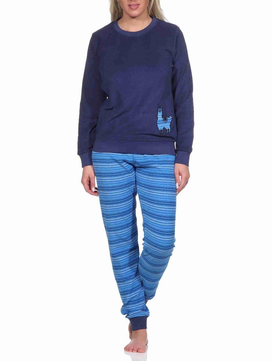 Normann Dames badstof pyjama, broek gestreept, top met schattig dierenmotief - ook in oversize navy