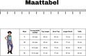 Maattabel voor kinderkleding met maten S t/m XL, inclusief afmetingen en leeftijden.