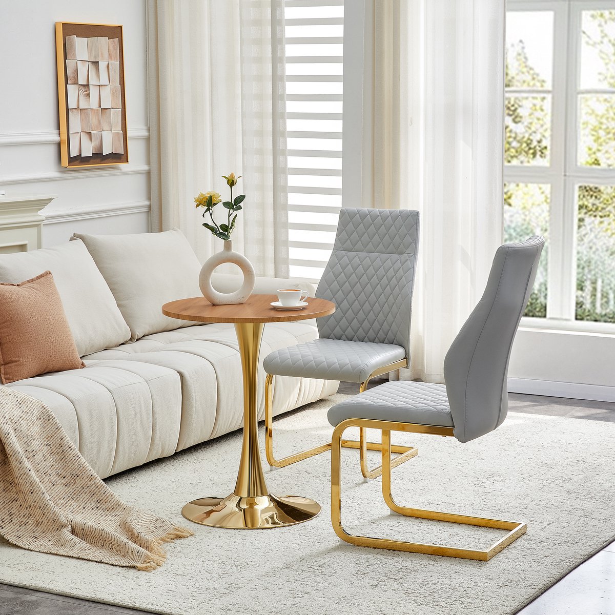 Eetkamerset - Ø60 cm - MDF tafel houtnerf + goud poot + 2 lichtgrijze ruitstoelen - licht luxe - MDF+metaal+PU - lichtgrijs